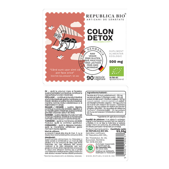 Colon Detox (500 mg) supliment alimentar Ecologic Republica BIO, 90 capsule (53,5 g)